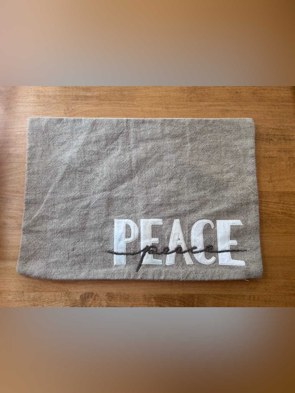 Pottery Barn Beaded “Peace” Flax Lumbar Pillow Cover w/Zipper Closure